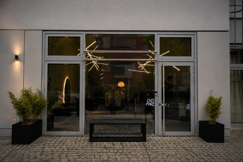 Eingang des OEK Factory Studios an der Leipziger Straße 58 in Berlin-Mitte, am Abend